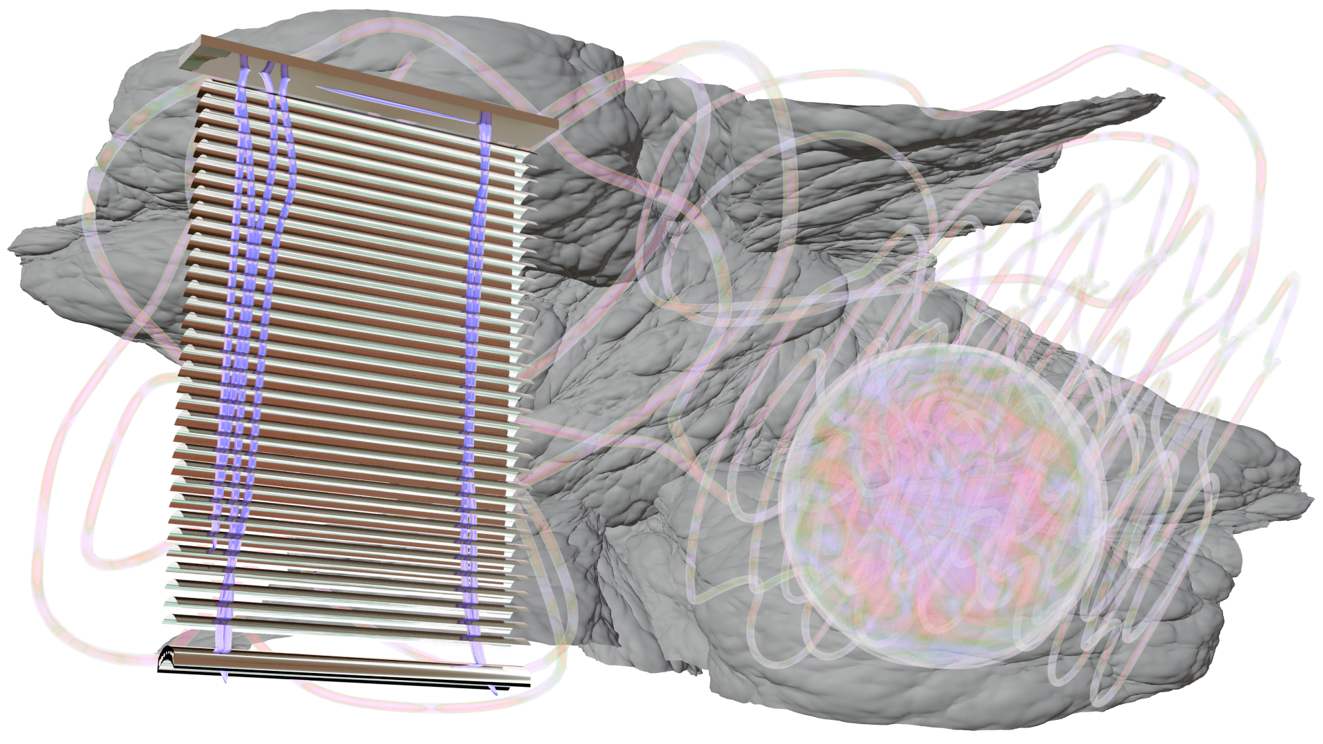 An iridescent window blind is extended down the left hand side. It’s cables are bright purple. To the right is a translucent bubble, filled with squiggles and lines of varying pastel colours. These squiggles and tubes also fill the image, trailing away from the bubble. Behind these objects is an expanse of grey matter, similar to a dark cloud. The background is empty.