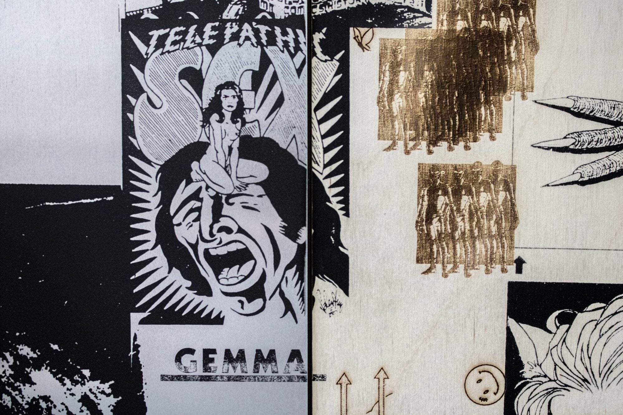 A black line divides the two halves of the image. On a grey background, a printed image in black of a figure with a naked woman sitting on their forehead is partially covering the surface. The words “Telepathic”, “Gemma” and “Sex” fill the left hand side. On the right, on a beige textured background, brown engravings of comic book heroes overlap and miscellaneous pop culture icons and kitsch designs are dotted about. Crops of images are partially visible around the edges.